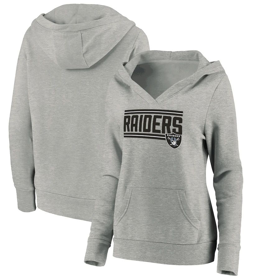 Women Oakland Raiders Fanatics Branded Heathered Gray On Side Stripe V-Neck Pullover Hoodie->women nfl jersey->Women Jersey